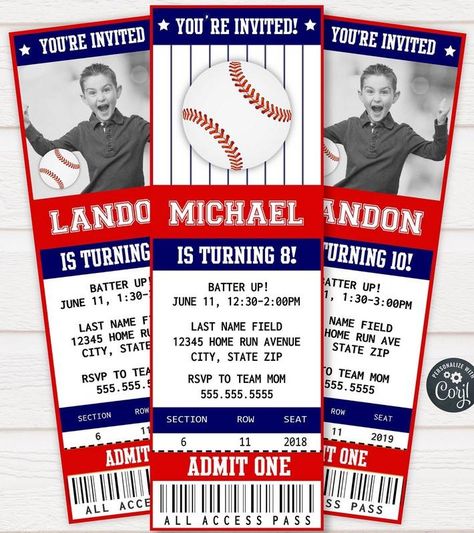 FREE Printable Baseball Ticket Invitation Template | FREE Invitation Templates - Drevio Baseball Card Invitation, Baseball Ticket Invitation, Ticket Invitation Template, Baseball Party Invitations, Baseball Birthday Party Invitations, Ticket Party Invitations, Baseball Birthday Invitations, Baseball Invitations, Baseball Theme Birthday