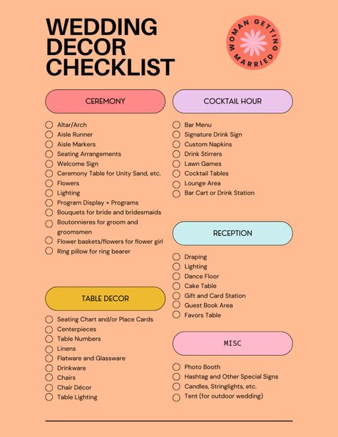 Wedding decor checklist with a complete breakdown of must-have items for your ceremony and reception, including flowers, signage, table settings, and more. Day Before Wedding Checklist, Small Wedding Planner, Wedding Planner Checklist Printable, Wedding Decor Checklist, Wedding Planning Checklist Detailed, Wedding Preparation Checklist, Wedding Checklist Detailed, Decor Checklist, Quick Wedding