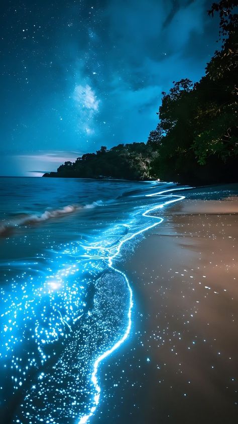 Bioluminescent Beach Maldives, Glowing Beach Wallpaper, Maldives Glowing Beach, Bioluminescence Water, Bioluminescent Ocean, Bioluminescence Beach, Bioluminescence Aesthetic, Enchanted Ocean, Lotus House