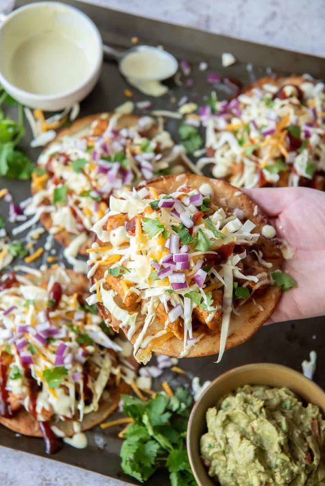 Barbecue Chicken Tostadas, Corn Tortilla Tostada, Bbq Pork Tostadas, Bbq Tostadas, Bbq Chicken Shredded, Bbq Chicken Tortilla, Crispy Corn Tortillas, Chicken Chalupa, Cabbage Salsa