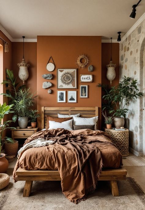 Boho Witchy Bedroom Fun Boho Bedroom, Small Earthy Bedroom, Earthy Bedroom Minimalist, Earth Bedroom Aesthetic, Moody Earthy Bedroom, Earth Tone Apartment, Brown Themed Bedroom, Warm Boho Bedroom, Brown And Green Bedroom