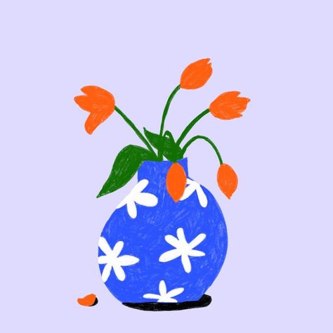 Blue And Orange Illustration, Tulip Graphic, Blue And Orange Art, Tulips Illustration, Flower Vase Illustration, Blue Illustration, Vase Illustration, Tulip Illustration, Flowers Illustration