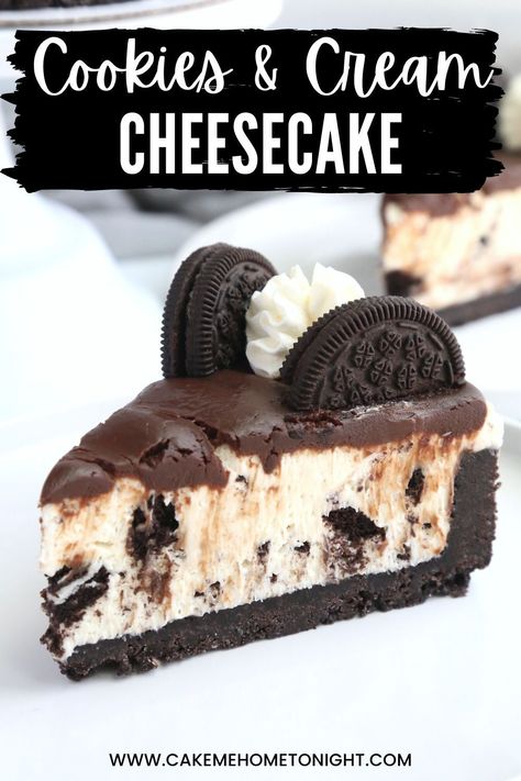 No bake cookies and cream cheesecake is the perfect easy recipe for a summer dessert! Chocolate crust, no bake cookies and cream filling, chocolate ganache, and whipped cream! Freeze Cheese, Cake Me Home Tonight, Best No Bake Cookies, Cookies And Cream Cheesecake, Frozen Cheesecake, Cream Cheesecake, Cake Recipes Easy Homemade, Chocolate Crust, Easy Cheesecake Recipes