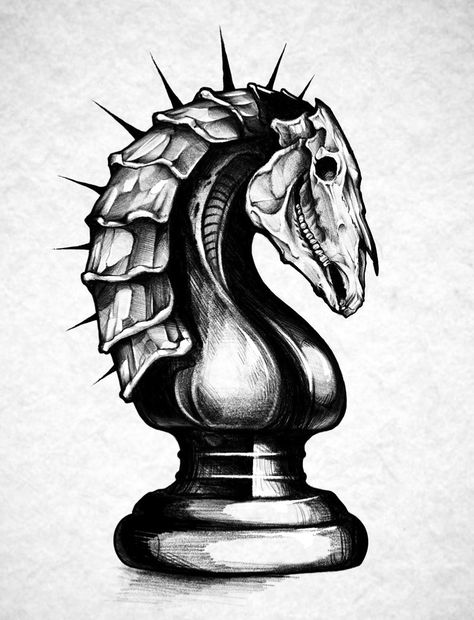 Art Drawings Dark, Dragon Skull Tattoo, Chess Piece Tattoo, Chess Tattoo, Knight Chess, Occult Tattoo, Knight Tattoo, Character Tattoos, X Tattoo