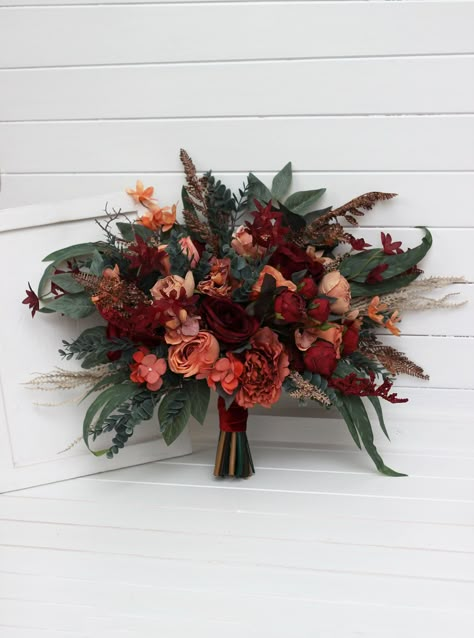 "The bouquet is made of flowers and leaves of high quality. All dimensions are total length or width. The height of the l bouquet - 16\" ( 42 cm) The width of the  bouquet - 16\" ( 42 cm) Thanks for visiting 😊" Desert Bouquet Wedding, Deep Red Wedding Bouquet, Deep Red Bouquet, Autumn Wedding Florals, Fall Wedding Bouquets October, Gladiolus Wedding Bouquet, Minimalist Wedding Bouquet, Moody Wedding Bouquet, Fall Bouquet Wedding