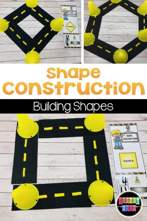 Shape Construction | Build shapes out of cones and road pieces for this construction-themed math activity for preschool or kindergarten. Construction Math Activities Preschool, Building Lesson Plans Preschool, Construction Math Activities, Math Activity For Preschool, Construction Preschool, Construction Activities Preschool, Turner Tots, Construction Theme Classroom, Restroom Signage