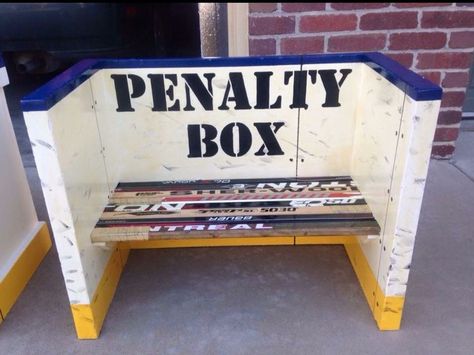 DIY Penalty box Hockey Stick Furniture, Man Cave Basement Diy, Hockey Crafts, Hockey Bedroom, Time Out Chair, Hockey Decor, Hockey Room, Stick Crafts, Man Cave Home Bar