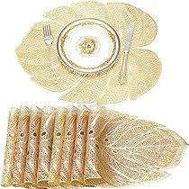 Beachy Centerpieces, Polynesian Wedding, Leaf Placemats, Gold Placemats, Dining Wedding, Vinyl Table, Simple Beach Wedding, Dinner Table Decor, Beach Wedding Decorations