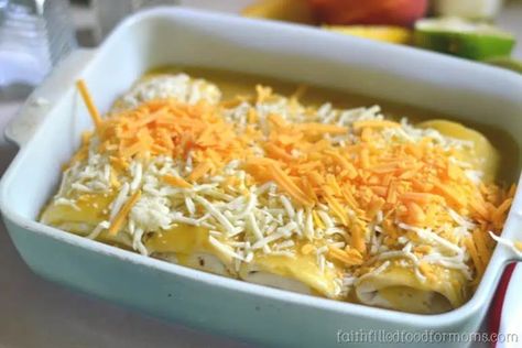 Frozen Burrito Enchiladas Quick and Easy • Faith Filled Food for Moms Frozen Burittos Recipes, Frozen Taquitos Enchiladas, Lazy Enchiladas With Frozen Burritos, Enchiladas With Frozen Burritos, Frozen Burrito Bake, Frozen Enchilada Casserole, Frozen Burrito Enchilada, Burrito Enchiladas, Frozen Burrito Casserole