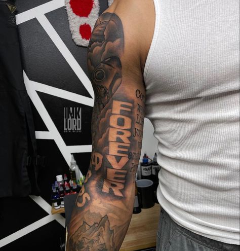 Mens Tattoos Sleeves Ideas, Tattoo Ideas For Men Inside Bicep, Fear God Shoulder Tattoo, Back Of The Bicep Tattoo, Arm Filler Tattoo Ideas Men, Bicep Tattoo Men Sleeve, Behind Arm Tattoo For Men, Tattoos For Guys Bicep, Foe Tattoos Men