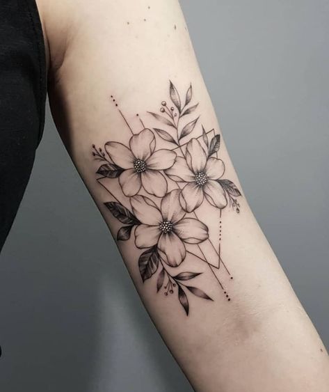 63 Best Tattoos By Amazing Artist Flami - TheTatt Geometric Floral Moon Tattoo, Floral Tattoo Forearm, Geometric Forearm Tattoo, Flower Forearm Tattoo, Geometric Flower Tattoo, Carnation Tattoo, Puzzle Tattoos, Strong Tattoos, Forearm Flower Tattoo