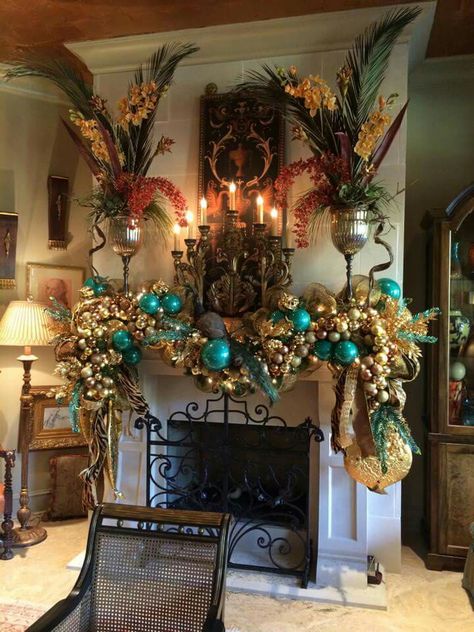 Decorated Fireplace Mantels, Diy Faux Mantle, Tuscan Christmas, Decorating Your Mantle, Peacock Christmas Decorations, Stair Garland, Christmas Turquoise, Christmas Tree Alternative, Faux Mantle