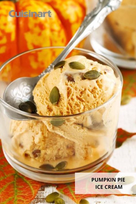 #NationalPumpkinDay wouldn't be complete without homemade Pumpkin Pie #IceCream! Craft this creamy and delicious dessert with the help of our #Cuisinart Frozen Yogurt - Ice Cream & Sorbet Maker. Enjoy this #pumpkinspice filled treat in just 20 minutes, with no fuss or mess. #bestfallrecipes #easypumpkindesserts #savorthegoodlife Pumpkin Pie Ice Cream Recipe, Recipes For Ice Cream Maker, Cuisinart Recipes, Healthy Frozen Treats, Ice Cream Sauces, Homemade Ice Cream Recipes Machine, Banana Ice Cream Recipe, Cream Sauces, Key Lime Cake