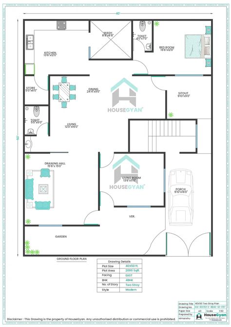 40X50 East Facing 4BHK First Floor House Plan | 2000 Sqft Plot Floor Plan 40×50 House Plans, East Facing House Plan, One Floor House Plans, House Drawing, Family Living, House Plan, Floor Plan, Wellness Design, House Plans