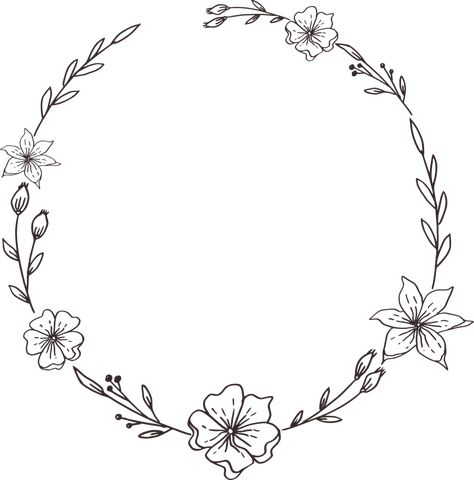 Flower Frame Tattoo, Flower Frame Drawing, Floral Design Drawing, Stitch Wreath, Frame Drawing, Flower Simple, Hand Drawn Leaves, Floral Frames, Flower Outline