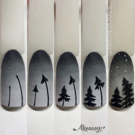 Sponge Nail Art Designs, Free Hand Nail Art Design, Landscape Nail Art, Sponge Nail Art, Nail Art Courses, Nail Art Noel, Tree Nail Art, Quick Nail Art, Nail Art Designs Images