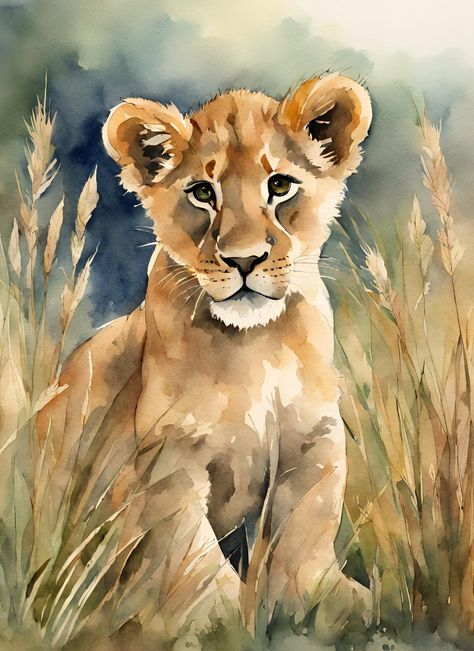 Little Lion Watercolor Printable - Wall Art Digital Download-Downloadable Digital Print-JPG image-digital print| SNE Prints Gallery Set 3 Lion Watercolor Painting, Lion Digital Art, Lion Paintings, Lion Watercolor, Playful Pose, Lion Painting, Baby Painting, Vibrant Watercolor, Watercolor Printable