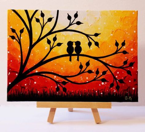 Sunset Painting Love Birds Artwork Original Mini Painting - Love Birds Painting Purple Canvas Art, Birds On Tree, Love Birds Painting, Tree Orange, Painting Birds, Whimsical Wall Art, Orange Painting, Art Whimsical, Simple Canvas Paintings