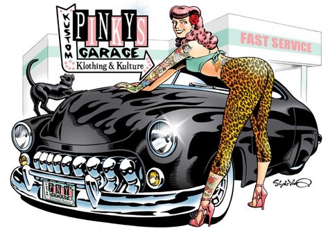 Hotrod Art Hotrod Art, Up Cartoon, Pin Up Cartoons, Cartoon Car Drawing, Rockabilly Tattoo, Rockabilly Art, Modele Fitness, Cartoon Vintage, Pin Up Girl Vintage