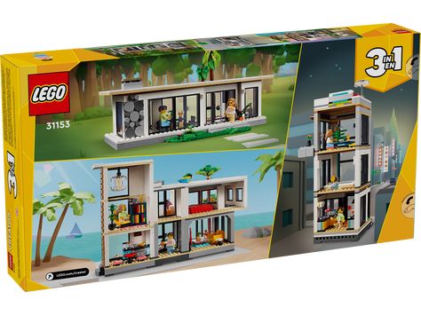 Build your dream home with the LEGO Creator Modern House set for $99.99. This 939-piece set offers three build options: a beach house, a city building, and a forest cabin, each with detailed furnishings and features. Perfect for kids aged 9+ who enjoy creative building and storytelling. Lego Creator Sets, House Models, Hot Tub Room, Fun Stories, A Modern House, Forest Cabin, Classic Lego, Lego Toy, Toy House