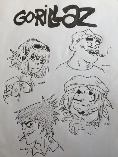 Gorillaz Inspired Art, Gorillaz Drawing Style, Noodle Gorillaz Drawing, Gorillaz Noodle Fanart, How To Draw Gorillaz Style, Gorillaz Painting, Gorillaz Doodles, 2d Gorillaz Drawing, Gorillaz Sketch