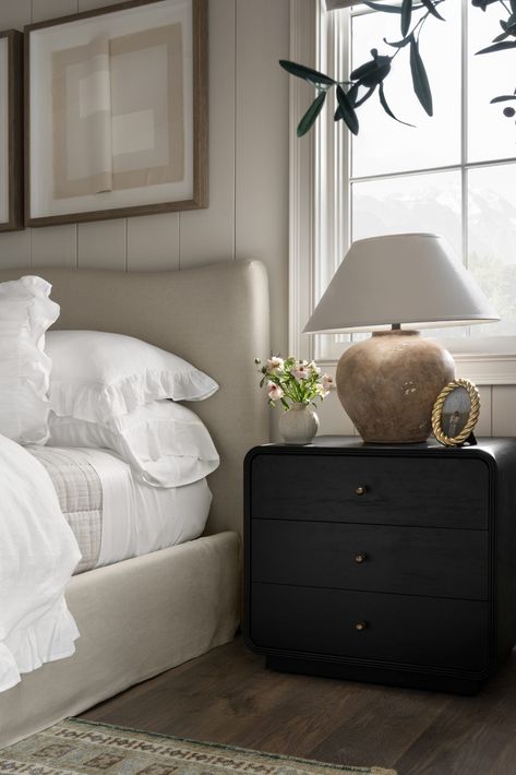 Inside the Catalogue | Bring the Outdoors In - Studio McGee Neutral Upholstered Bed, Black Nightstand, Rope Frame, Mcgee & Co, Bedroom Retreat, Studio Mcgee, Night Stand, Bedroom Inspo, Guest Bedroom