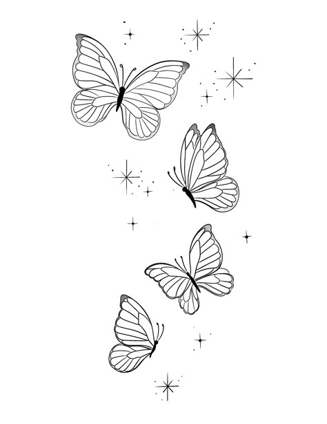 Butterfly Rib Tattoo Stencil, Landing Butterfly Tattoo, Butterfly Stars Tattoo, 4 Butterfly Tattoo, Gangster Girl Tattoo, Butterfly Tattoo Forearm, Star Sleeve Tattoo, Rockabilly Tattoos, Butterfly Tattoo Design