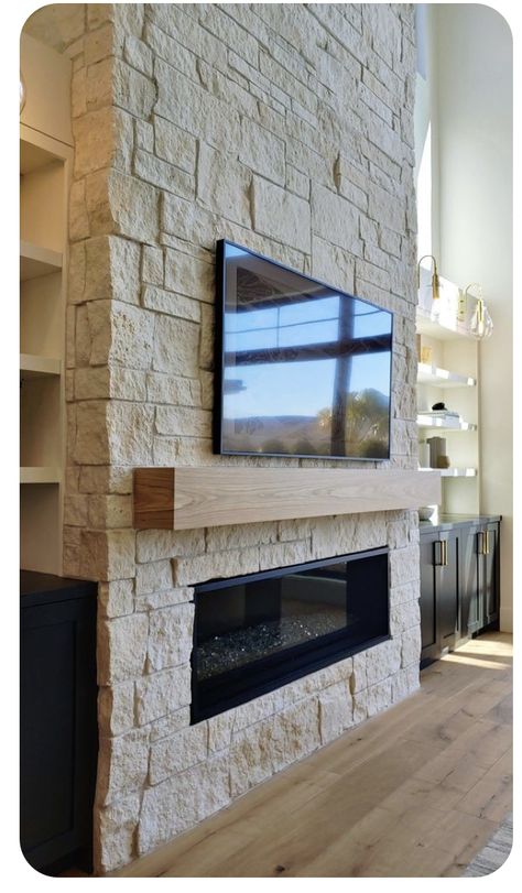 Stone Fireplace With Linear Fireplace, Modern Fireplace Ideas With Tv Stone, White Fireplace Stacked Stone, Stone Fireplace With Electric Fireplace, Built Out Fireplace Wall Stone, Diy Stone Fireplace Tv Wall, Stone Fireplace Floor To Ceiling Modern, Partial Stone Fireplace, Electric Fireplace Stone Surround