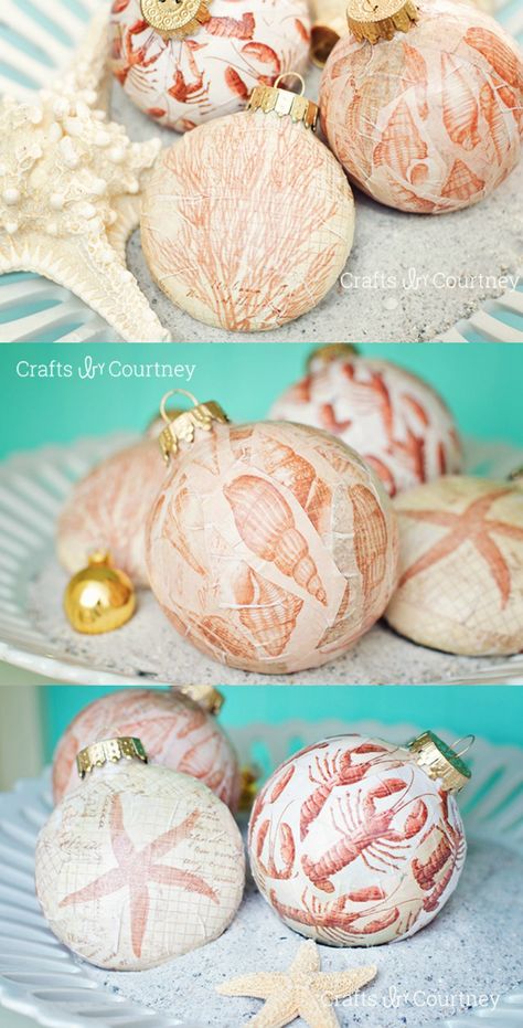 Beautiful nautical DIY Christmas ornaments made with Mod Podge - wouldn't these look amazing on a coastal themed tree? Beach Christmas Trees, Beach Christmas Decorations, Beach Christmas Ornaments, Coastal Ornament, Coastal Christmas Tree, Florida Christmas, Nautical Diy, Coastal Christmas Decor, Beachy Christmas