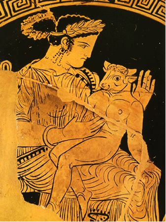 Pasiphae wife of the King of Crete Minos, suckling the baby Minotaur. Red-figure vase, produced in Etruria, ca. 340 BCE. Greek Vase, Ancient Greek Pottery, The Minotaur, Ancient Greek Art, Greek Pottery, Greek Vases, Legends And Myths, Ancient Pottery, Greek And Roman Mythology