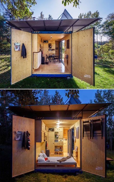 A tiny house made from a small shipping container, that's also completely off-grid and has a plywood interior. Small Shipping Containers, Container House Interior, Shipping Container Cabin, Plywood Interior, Container Conversions, Shipping Container Home Designs, Storage Container Homes, Container Cabin, Shipping Container House Plans