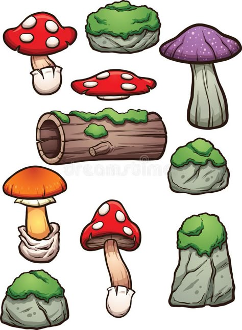 Log With Mushrooms Drawing, Clip Art Mushrooms, Log Drawing Easy, Mossy Rock Drawing, Simple Forest Illustration, Mushroom Illustration Art, How To Draw Moss, Drawing Moss, Draw A Fly