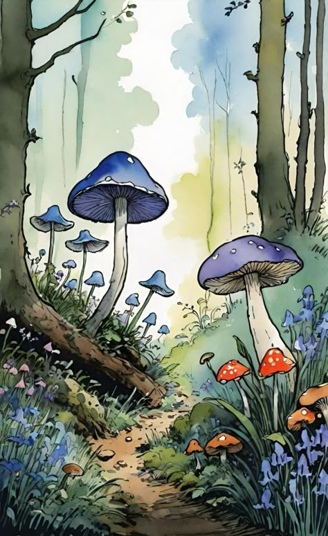 Forest Mushrooms Drawing, Mushroom Drawing Fantasy Fairy Art, Whimsical Mushroom Drawing, Forest With Mushrooms Drawing, Mushroom Fairy Forest Art, Hidden World Art, Mushroom Field Painting, Mushroom World Art, Woodland Drawing Illustration