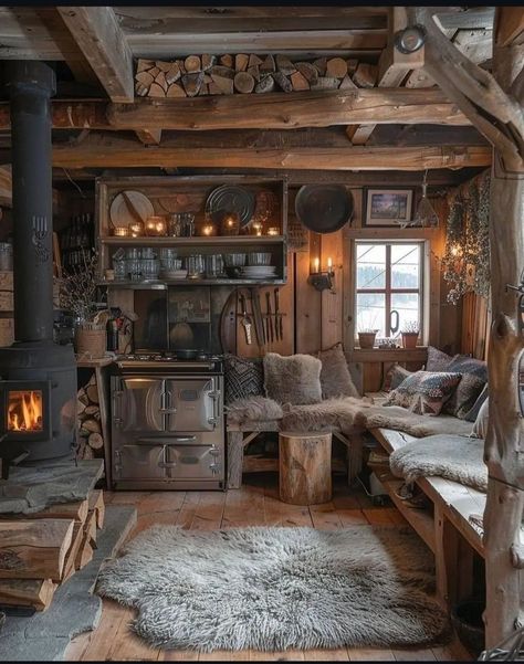 Off Grid Cabin Interior, Small Cabin Decorating Ideas, Cozy Rustic Cabin, Rustic Cabin Interior, Witches Cottage, How To Build A Log Cabin, Wooden Benches, Rustic Homes, Log Cabin Interior