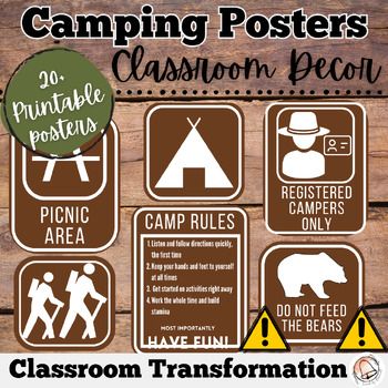 Transform you classroom into an outdoor, camping adventure with these camp posters and signs! Perfect decor for an easy classroom transformation day that will get your students in the camping mood! All posters are printable in color and black & white OR your can customize the color scheme and save on ink by printing on colored paper. Print on cardstock paper and laminate for a more professional look that lasts! This product includes: 20+ camp posters7 directional signs14 visual | image signs Camp Signs Diy, Camping Preschool Theme Activities, Camping Signs Diy Free Printable, Camp Decorations, Camping Theme Classroom Decorations, Camp Signs, Camping Classroom Theme, Camping Bulletin Boards, Forest Theme Classroom