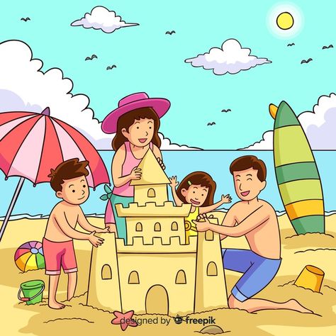 Picture Description Images, Family In The Beach, Beach With People, Family On Beach, Beach With Family, Family Drawings, Family At The Beach, Basic Drawing For Kids, Picture Comprehension