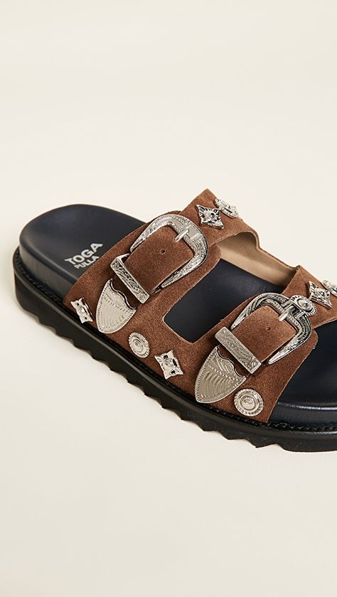 Toga Pulla Buckle Slides | SHOPBOP SAVE UP TO 25% Use Code: GOBIG18 Toga Pulla Loafers Outfit, Toga Mules, Toga Pulla Sandals, Toga Pulla Loafers, Outdoor Slip-on Footbed Sandals With Buckle Closure, Toga Pulla, Cute Shoes, Fashion Designer, Accessories Design