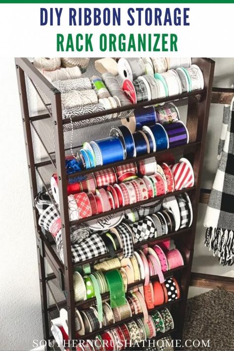 Ribbon storage rack organizer Ribbon Storage Ideas, Diy Ribbon Storage, Craft Ribbon Storage, Ribbon Organizer, Office Craft Room Combo, Craft Room Organization Storage, Diy Rack, Ribbon Holders, Ribbon Organization