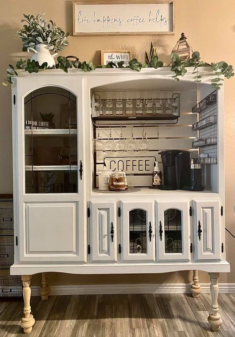 Coffee bar made from entertainment center (legs added for heigth) Home Coffee Bar, Coffee Bar Home, Furniture Rehab, Diy Furniture Renovation, Home Coffee, Furniture Renovation, Repurposed Furniture Diy, Refurbished Furniture, Furniture Makeover Diy