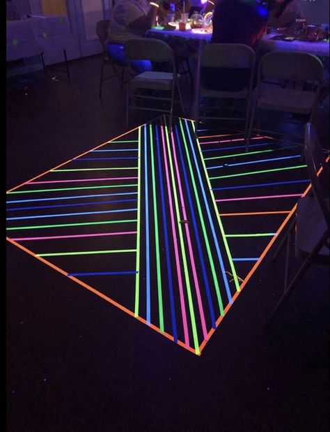 Glow Party Floor Design, Glow Dance Floor, Neon Tape Designs, Dance Floor Glow Sticks, Neon Tape Dance Floor, Laser Game, Glow Tape, Glow Invitations Neon Birthday, Neon Tape