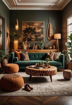 Emerald Green And Animal Print Living Room, Green And Cheetah Living Room, Emerald Green Black Gold Living Room, Chic Sitting Room Ideas, Moody Maximalist Living Room, Living Room Lighting Ideas Low Ceiling, Cozy Moody Living Room, Snug Lounge, Jungle Living Room