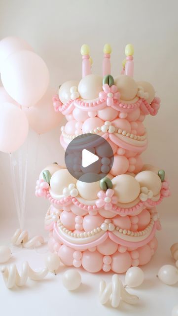 Lilly Roman on Instagram: "Yep.. a 5 foot TWO tiered balloon cake!🎂 And now I have my new favorite project! 🩷😍 I could make Balloon Cakes all day, everyday!" Cake Balloon, Balloon Cake Design, Balloon Birthday Cake, Cake Balloon Topper, Balloon Cake Ideas, Birthday Cake With Balloon Topper, Balloon Girl Cake, Fondant Balloons On Cake, Cake Classes