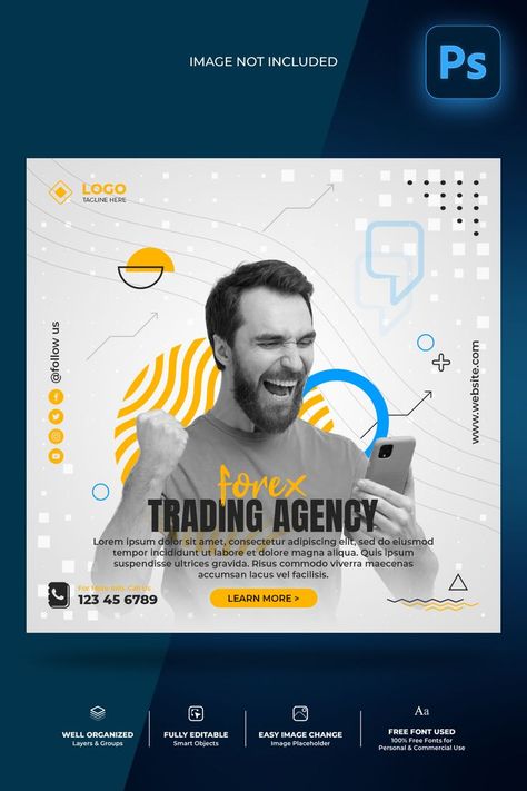 Forex trading agency and crypto currency promotion social media PSD editable post design template. Well-organized all layers and groups, designed in Adobe Photoshop with free commercial fonts used. Free Commercial Fonts, Currency Trading, Social Media Post Template, Trading Charts, Commercial Fonts, Trading Signals, Day Trading, Crypto Currencies, Post Design