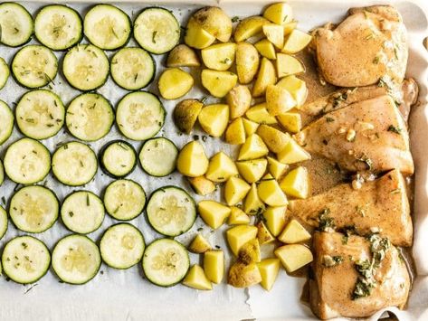 One Pan Dinners Chicken Zucchini, Chicken Potatoes Zucchini Bake, Sheet Pan Zucchini And Potatoes, One Sheet Pan Meals Zucchini, Sheet Pan Chicken Zucchini Squash, Sheet Pan Dinners Zucchini, Sheet Pan Chicken And Squash, Baked Chicken And Squash Recipes, Chicken Potatoes And Zucchini