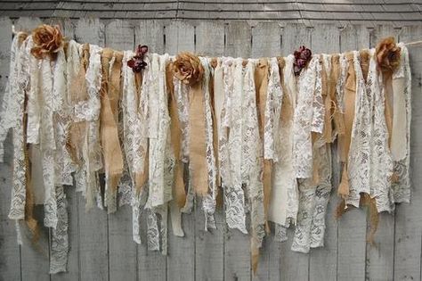 Shabby Chic Garland, Lace Garland, Burlap Garland, Lace Window, Deco Champetre, Rag Garland, Fabric Garland, Burlap Crafts, Burlap Lace