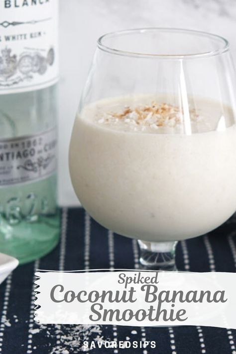 This Spiked Coconut Banana Smoothie is a cocktail in disguise. It's thick and creamy, full of banana flavor, and best of all, it's spiked with rum. | Smoothie Recipe | Rum Recipe | Frozen Cocktail Recipe | #recipe #cocktail #rum Spiked Smoothies, Coconut Banana Smoothie, Summer Blended Drinks, Smoothie Benefits, Frozen Cocktail, Cocktail Recipes Whiskey, Rum Cocktail Recipes, Juice Smoothies Recipes, Brunch Cafe