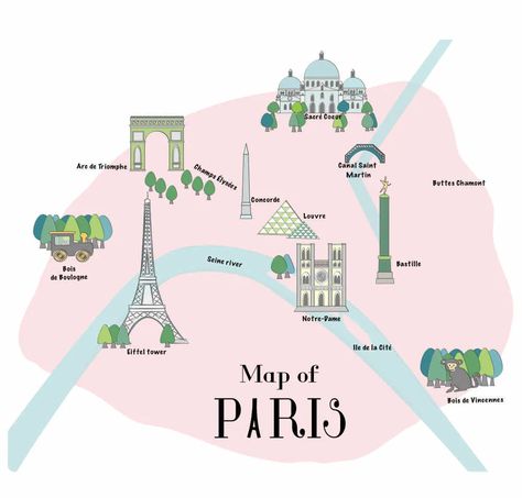 Illustration Map of Paris Intramuros Paris Map Aesthetic, Truth About Life, Paris Map With Attractions, Paris Map Illustration, Paris City Map, Illustration Map, Still Life Sketch, Cartoon Map, Life In France