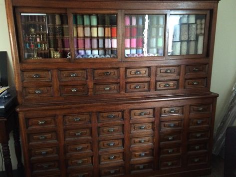 Gothic Sewing Room, Dark Academia Sewing Room, Victorian Apothecary Aesthetic, Victorian Sewing Room, Sewing Room Aesthetic, Colorado Apartment, Apothecary Drawers, Evermore Aesthetic, Vintage Sewing Rooms