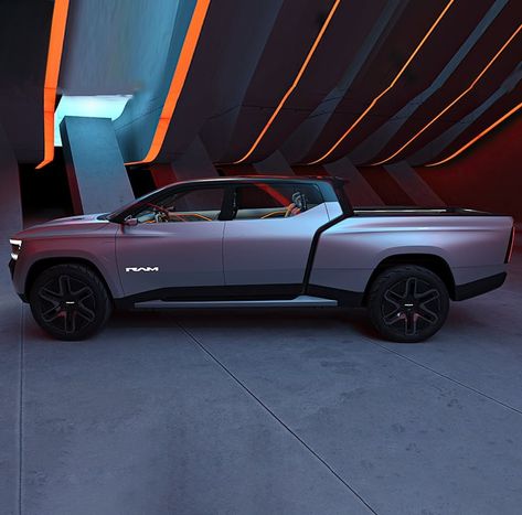 Ram Revolution Concept Vehicle | Electric Truck Ram Revolution, Headlamp Design, Truck Concept, Electric Truck, Driving Range, Ram Trucks, Tax Credits, Future Design, Truck Bed