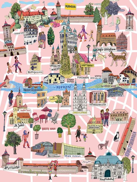 Check out my illustrated city map of the German city Nuremberg, city map, map illustration, city card, illustration, analog illustration, icons Artistic Maps Illustrations, Illustrated City Map, Informative Illustration, Germany Maps, Community Mapping, Analog Illustration, German Illustration, Cambridge Map, Map Art Illustration